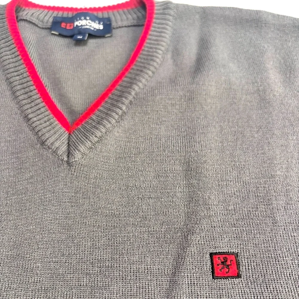 Lion of Porches‎ London Gray Wool V-Neck Sweater with Red Accents Medium